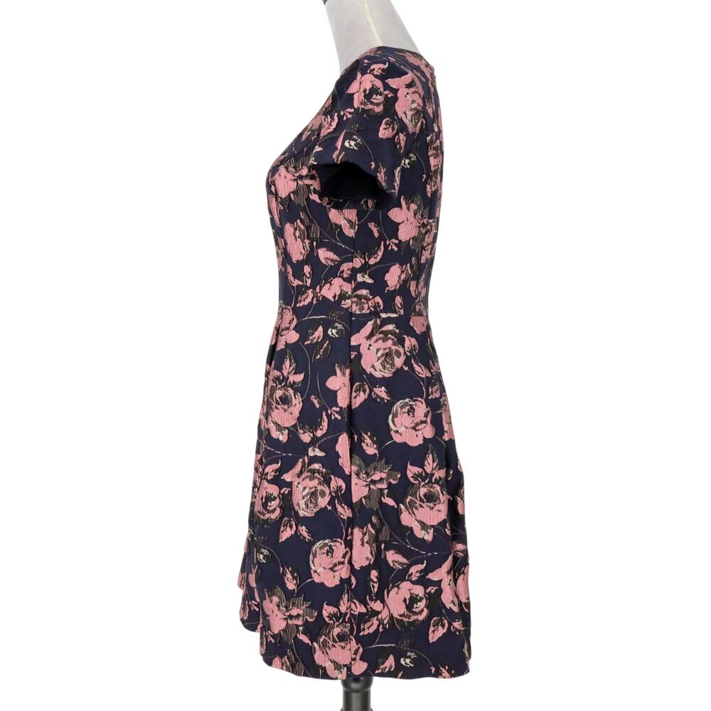 Vince Camuto Dress Womens 6 Navy Blue Pink Floral Brocade Pleated Lined Pockets - Picture 5 of 16